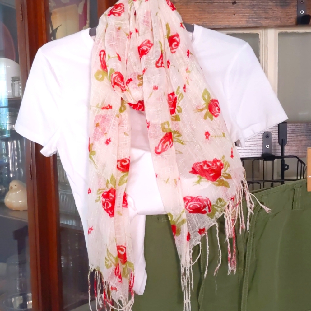 Off White Scarf w/ Rose Print Floral